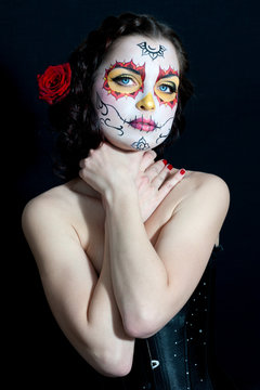 Dead bride woman in skull face art mask. Halloween