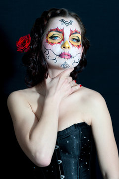 Dead bride woman in skull face art mask. Halloween