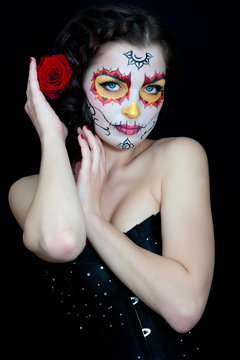 Dead bride woman in skull face art mask. Helloween