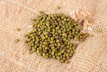 mung beans on sackcloth background