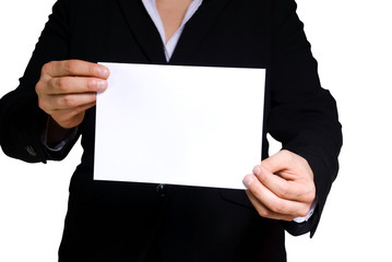 businesswoman holding banner with copy space