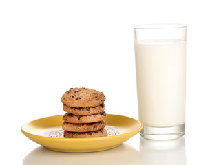 Glass of milk and cookies isolated on white