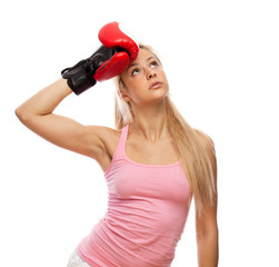 Tired woman with boxer gloves