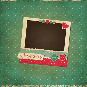 Scrap vintage love card with photo frame and buttons