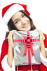 santa claus hat with grey christmas gift box