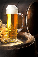 still life with beer  and old barrel