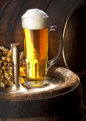 still life with beer  and old barrel