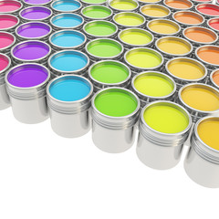 Buckets full of paint over white background