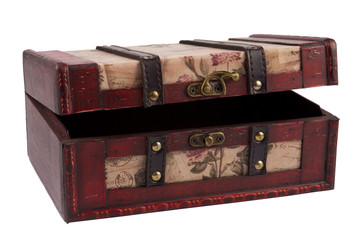 Vintage opened wooden treasure chest isolated on white backgroun