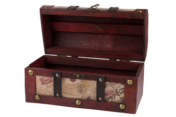 Vintage opened wooden treasure chest isolated on white backgroun