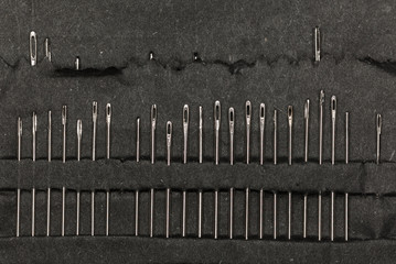 Row of sewing needles in case