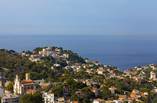 the amazing areal view on Marseille from mountain where is churc