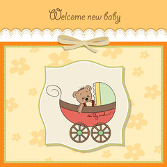 funny teddy bear in stroller, baby announcement card