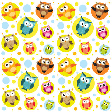 Seamless pattern with colorful owls