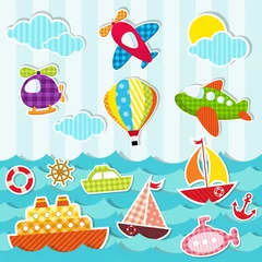 Crédence de cuisine en verre imprimé Avion, ballon ensemble de transport maritime et aérien