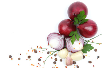 onion with garlic and spices isolated on white background