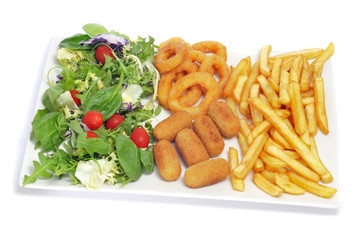 spanish combo platter with salad, croquettes, calamares and fren