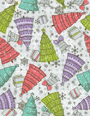 background with christmas trees, present and bel, vector