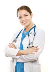 Fototapeta premium A portrait of a female doctor in uniform on white