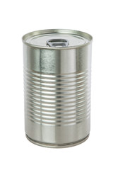 Aluminum tin can on a white background.