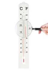 Atmospheric thermometer checked loupe for accuracy. On a white b