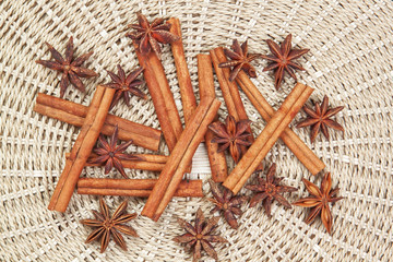 Group of spices with cinnamon and anise on Christmas.
