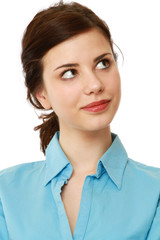 A beautiful woman is thinking and looking upwards