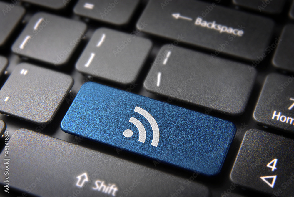 Wall mural blue keyboard key rss icon, internet technology background