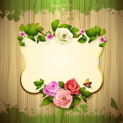 Mirror with roses and butterfly over wood texture