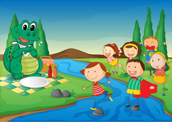 Plakaty  rzeka, dinozaur i dzieci