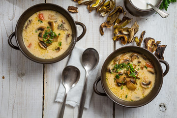 Close-up of two bronze plate of mushroom soup