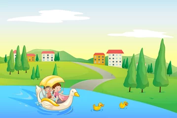 Wall murals River, lake a river and kids