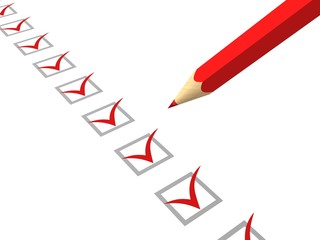 red pencil making tick in check box on white background