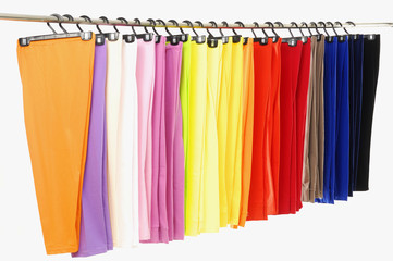 many colorful pants on the hanger