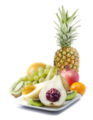 Fruits and pears with jam closeup luxury food concept on white