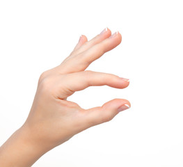 isolated woman hand shows pinch to zoom or holding object