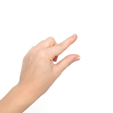 isolated woman hand shows pinch to zoom or holding object