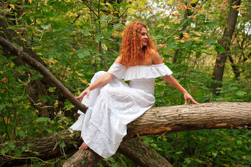 bride sitting on a tree branch in autumn forest