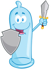 Happy Condom Guarder With Shield And Sword