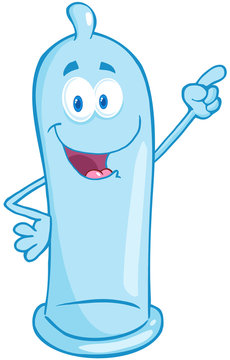 Condom Cartoon Mascot Character Holding A Finger Up