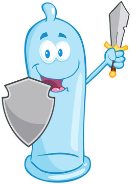 Happy Condom Guarder With Shield And Sword