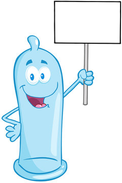 Condom Cartoon Mascot Character Holding Up A Blank Sign