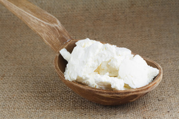 cottage cheese on a wooden spoon