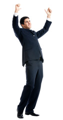 Happy gesturing businessman, isolated