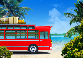 red bus adventure on beach