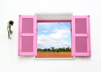 Greek style windows   with cctv and nature country