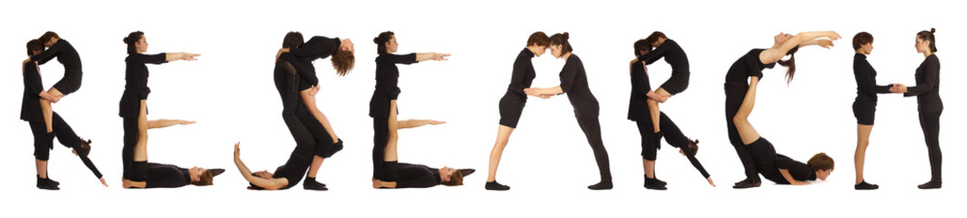 Black dressed people forming RESEARCH word over white