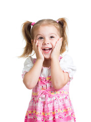 child girl with hands close to face isolated on white background