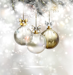 light Christmas background with three evening balls