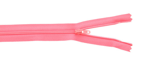 Pink zipper part opened on white background.
